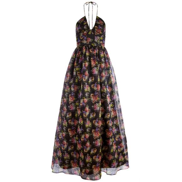 ALICE + OLIVIA SAORI MAGNOLIA FLORAL BLACK SILK MAXI PRINCESS GOWN SIZE 2 NWT - Picture 5 of 8